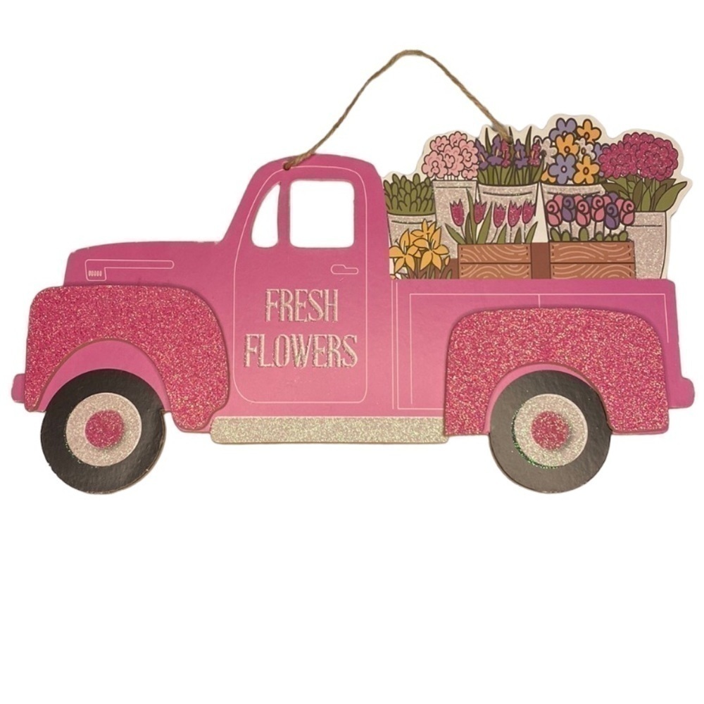 Spring Fresh Flowers Hanging Pink Glitter‎ Pickup Truck